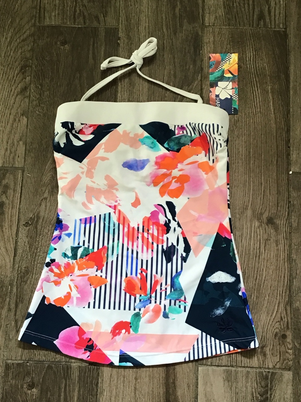Hapari White Floral Halter Tankini Top with Coral, Pink & Navy Accents